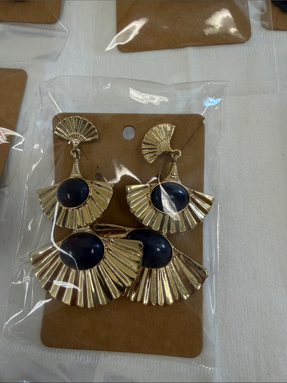 Lilly Pulitzer Gold Fan Drop Earrings with Dark Blue Stones (clip on earrings)